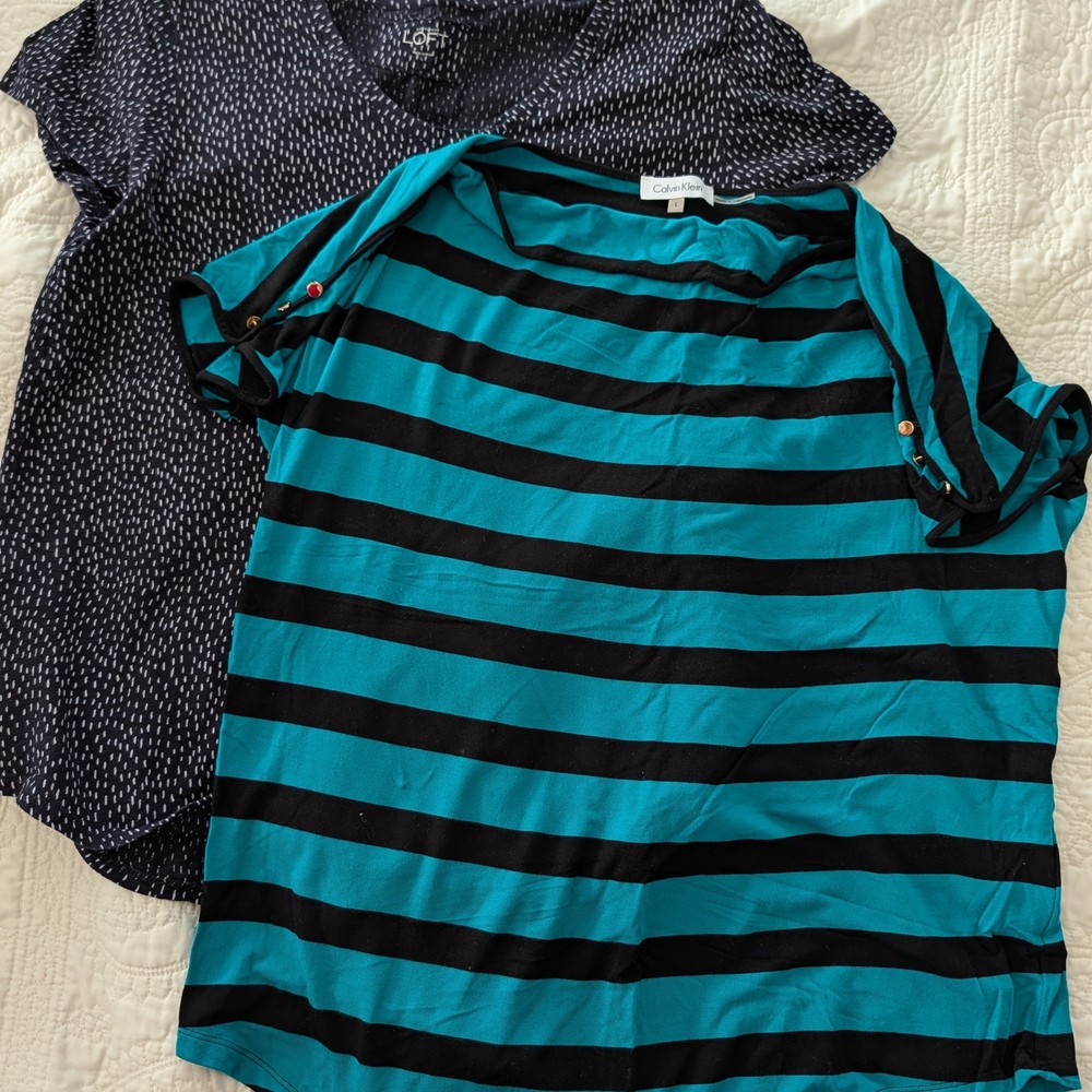 CK Black and Teal Striped Top with Loft Black and White Patterned Top